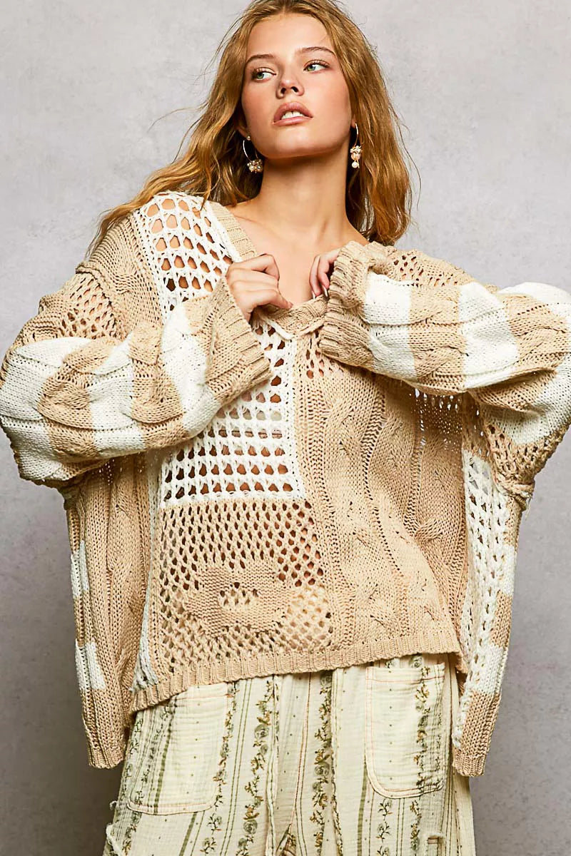 POL Color-Blocked Stripe Pattern Knit Top with Twisted Weave