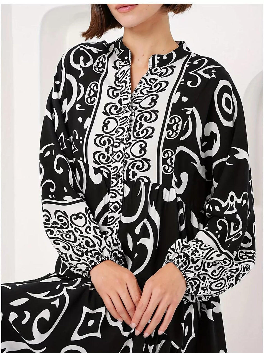 Printed Notched Balloon Sleeve Maxi Dress