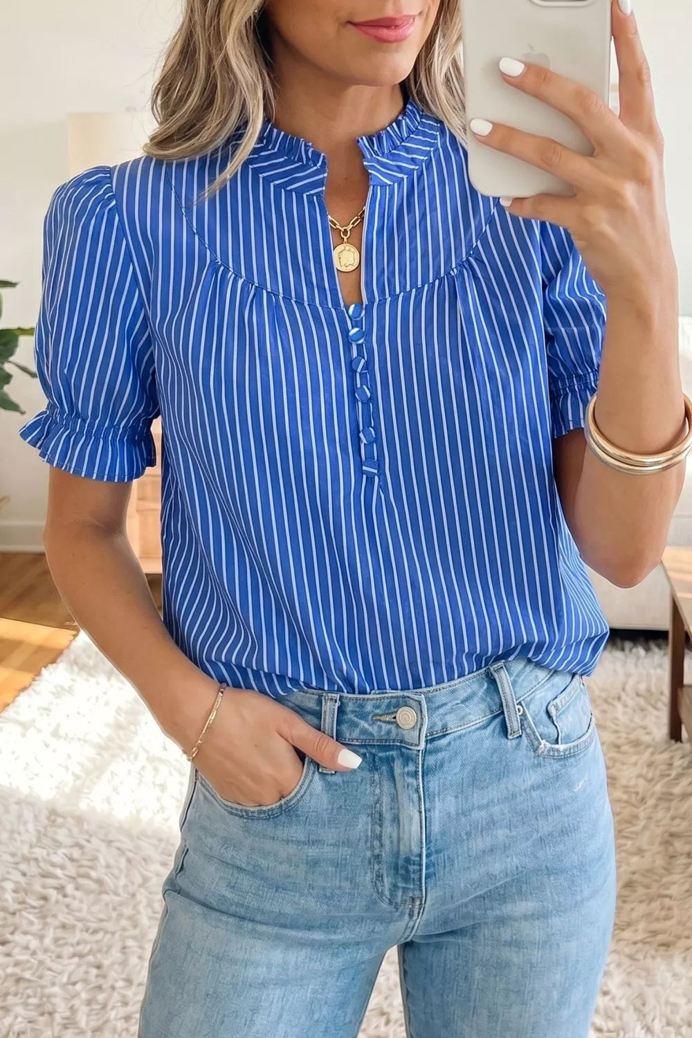 Stripe Ruffled Short Puff Sleeve Button Front Blouse