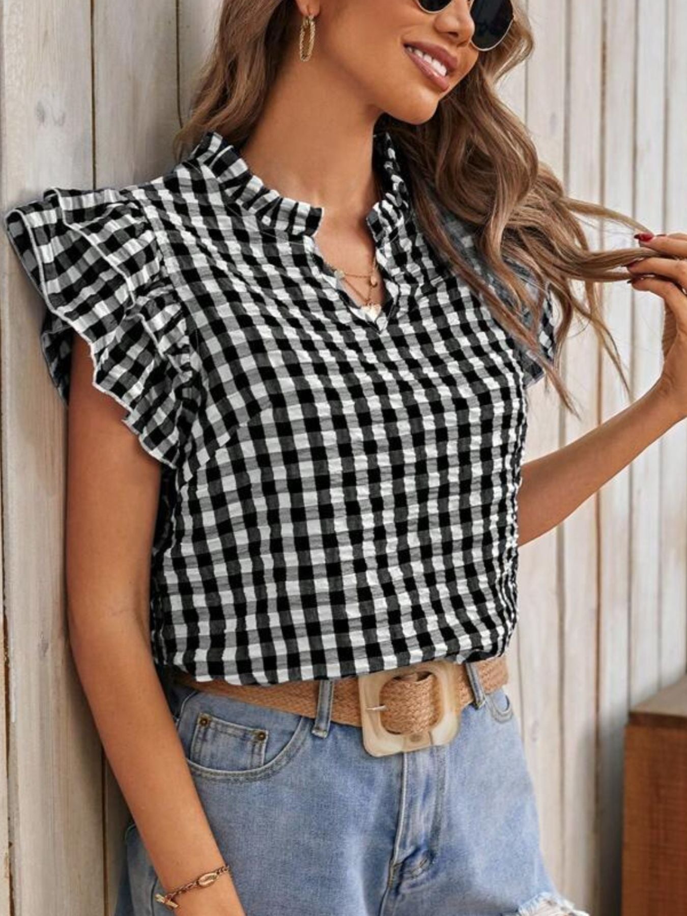 Gingham Ruffle Sleeve Blouse