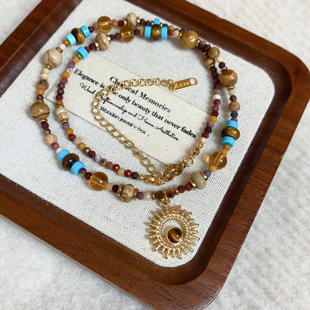 Multi-Color Beaded Sunflower Pendant Necklace