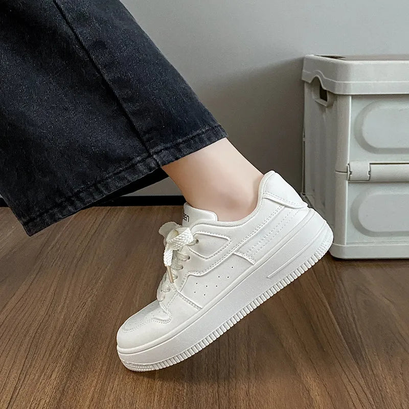 Beige PU Leather Lace Up Platform Sneakers