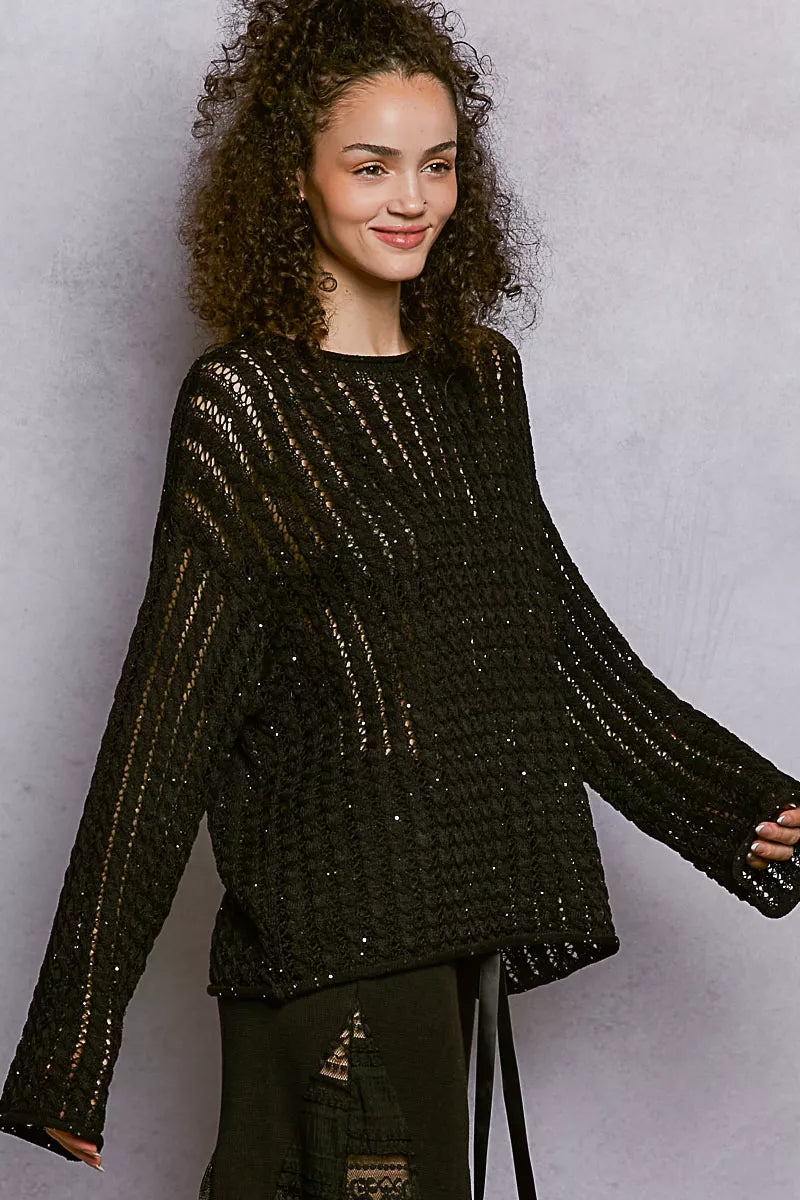 POL Openwork Round Neck Knit Top with Shiny Detail