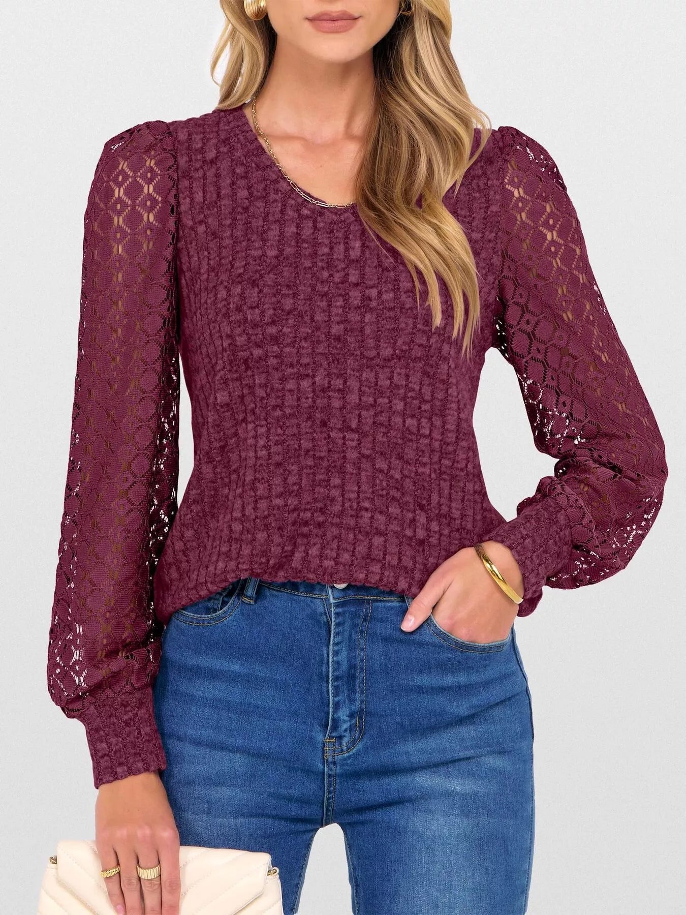 Lace Sleeve V-Neck T-Shirt