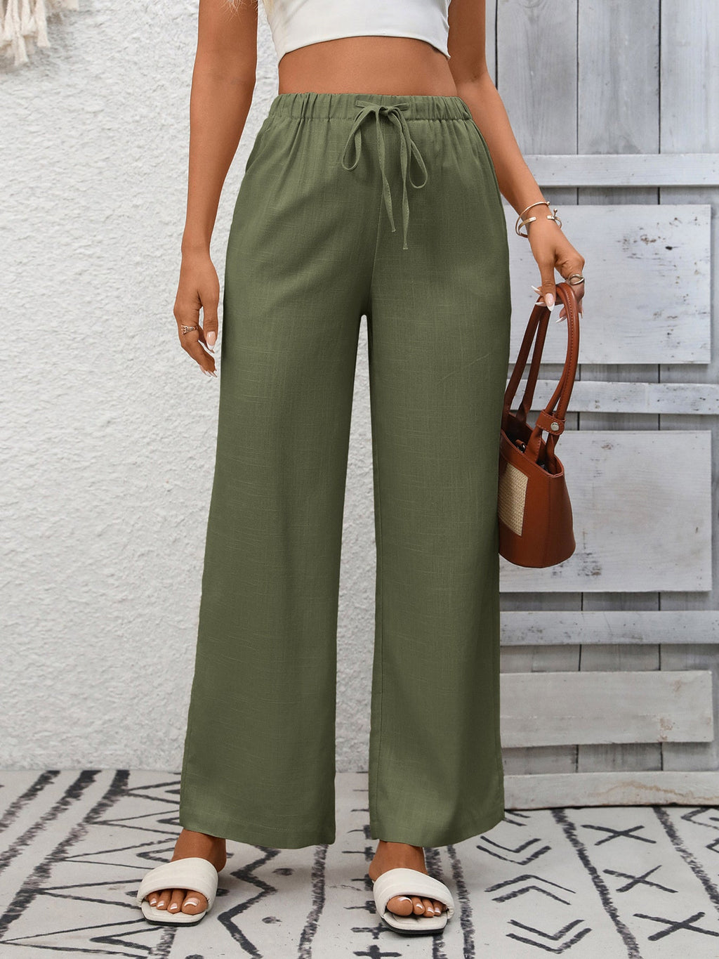 Drawstring High Waist Wide Leg Pants