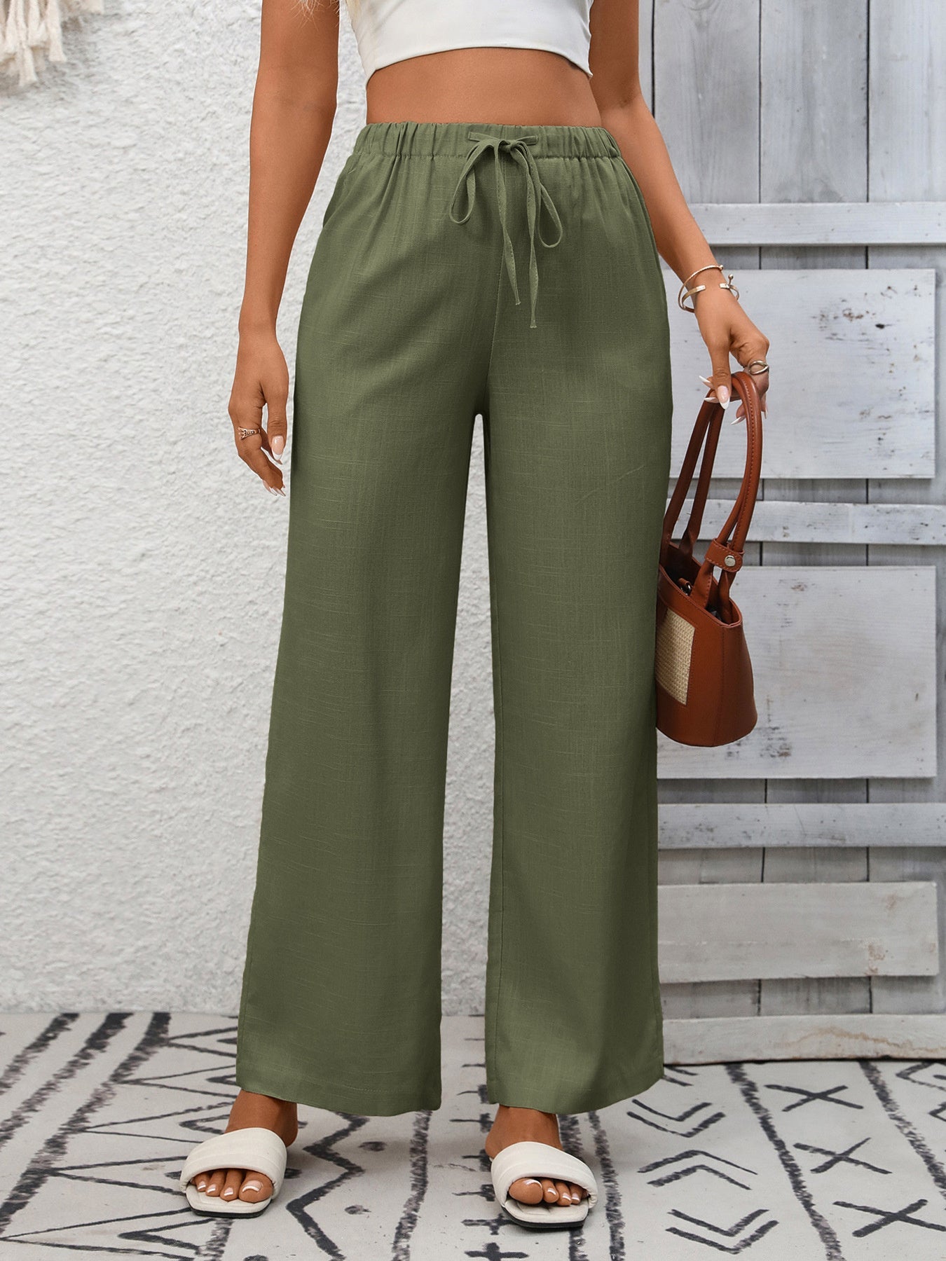 Drawstring High Waist Wide Leg Pants