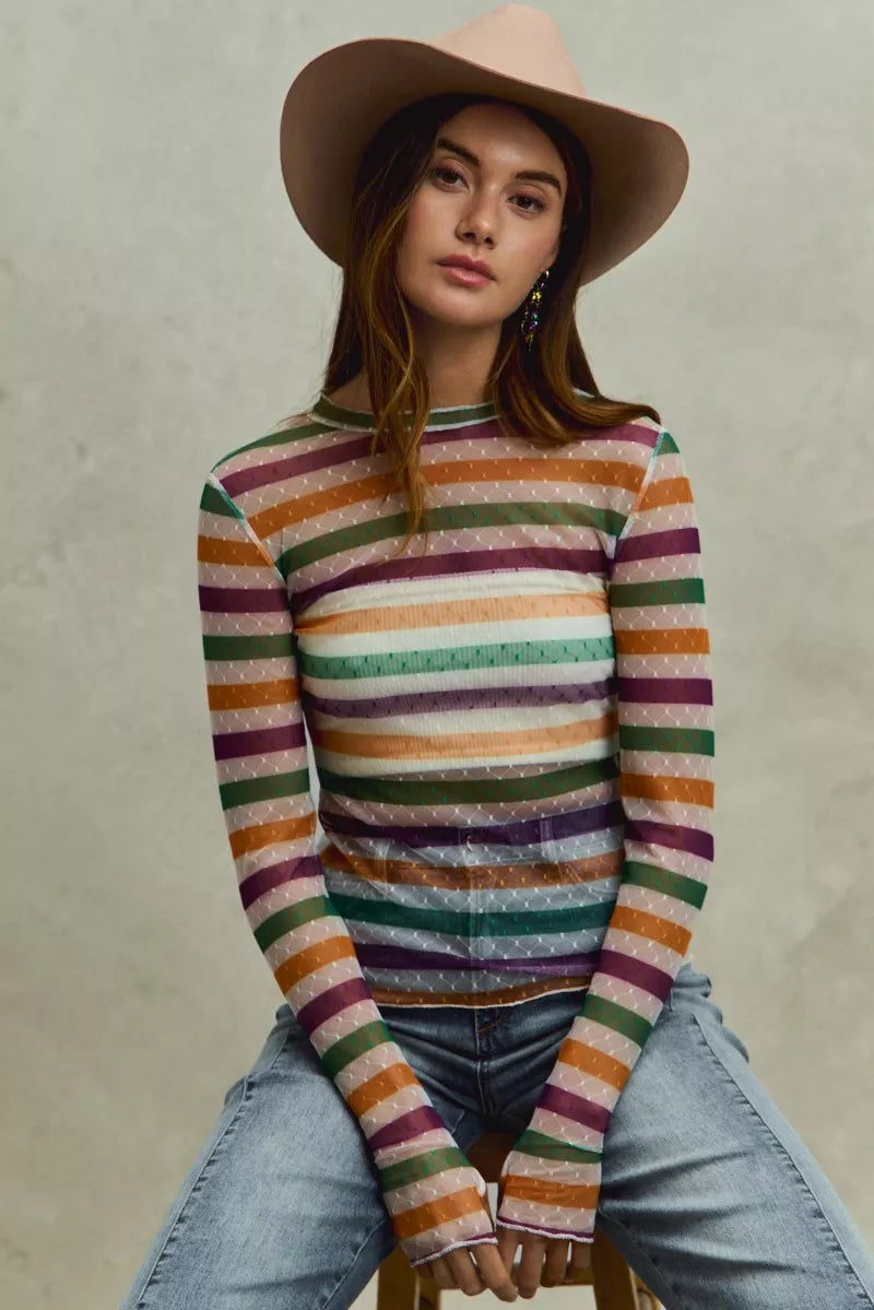 SO ME Mardi Gras Color Stripe Stretch Mesh Top