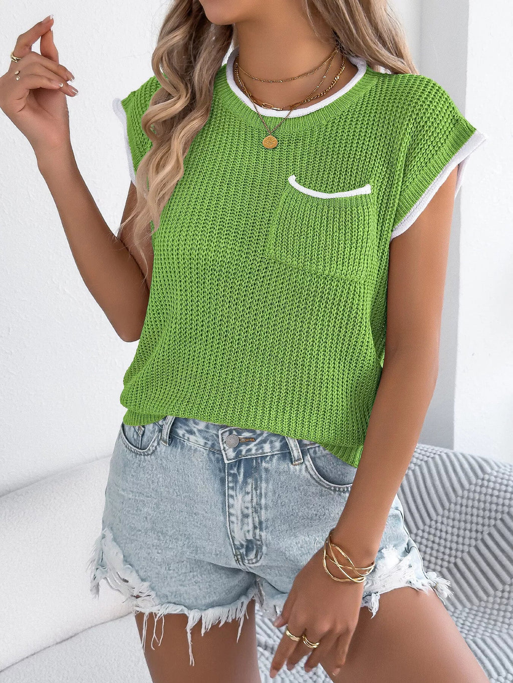 Contrast Trim Round Neck Cap Sleeve Sweater