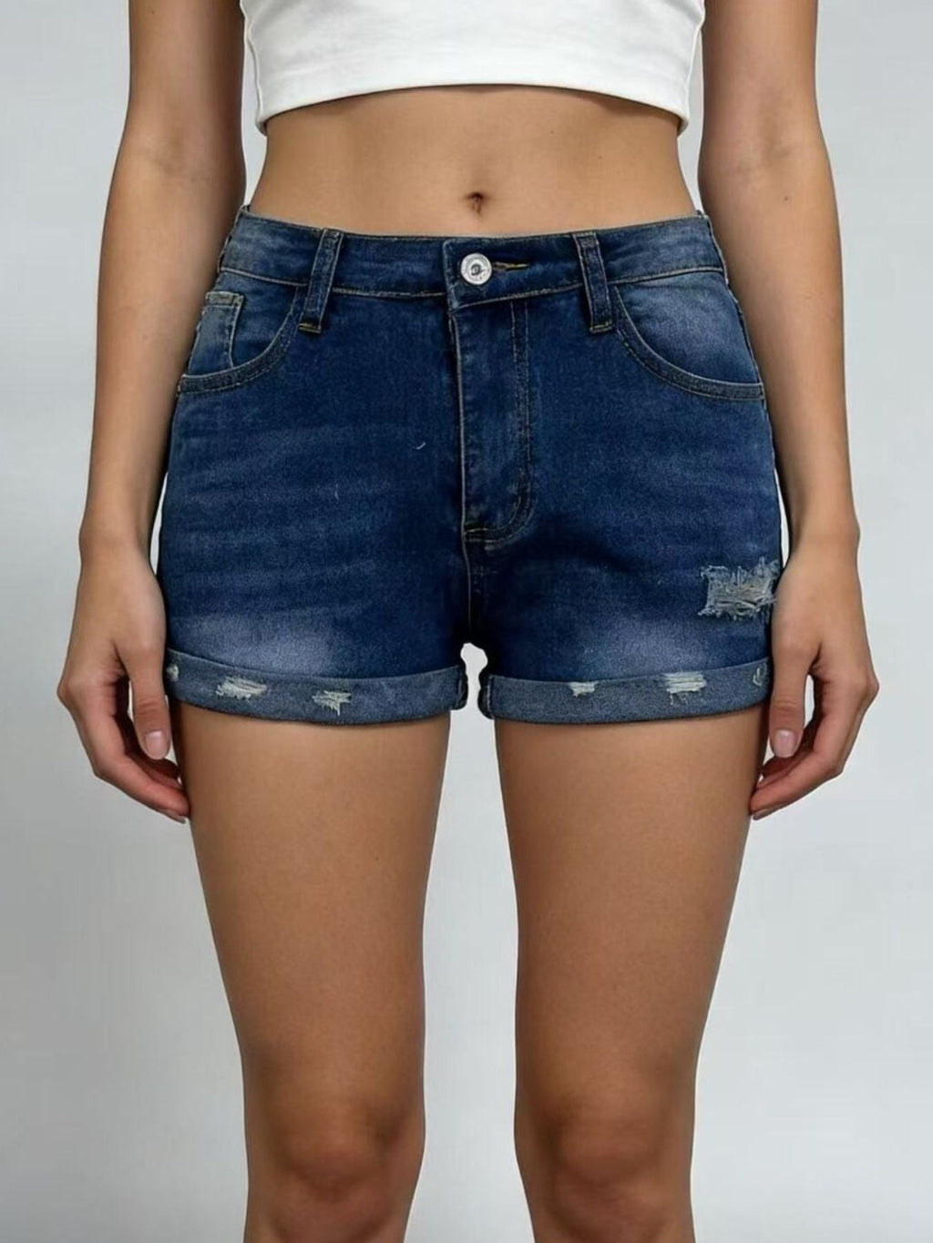 Distressed Denim Roll-Up Shorts