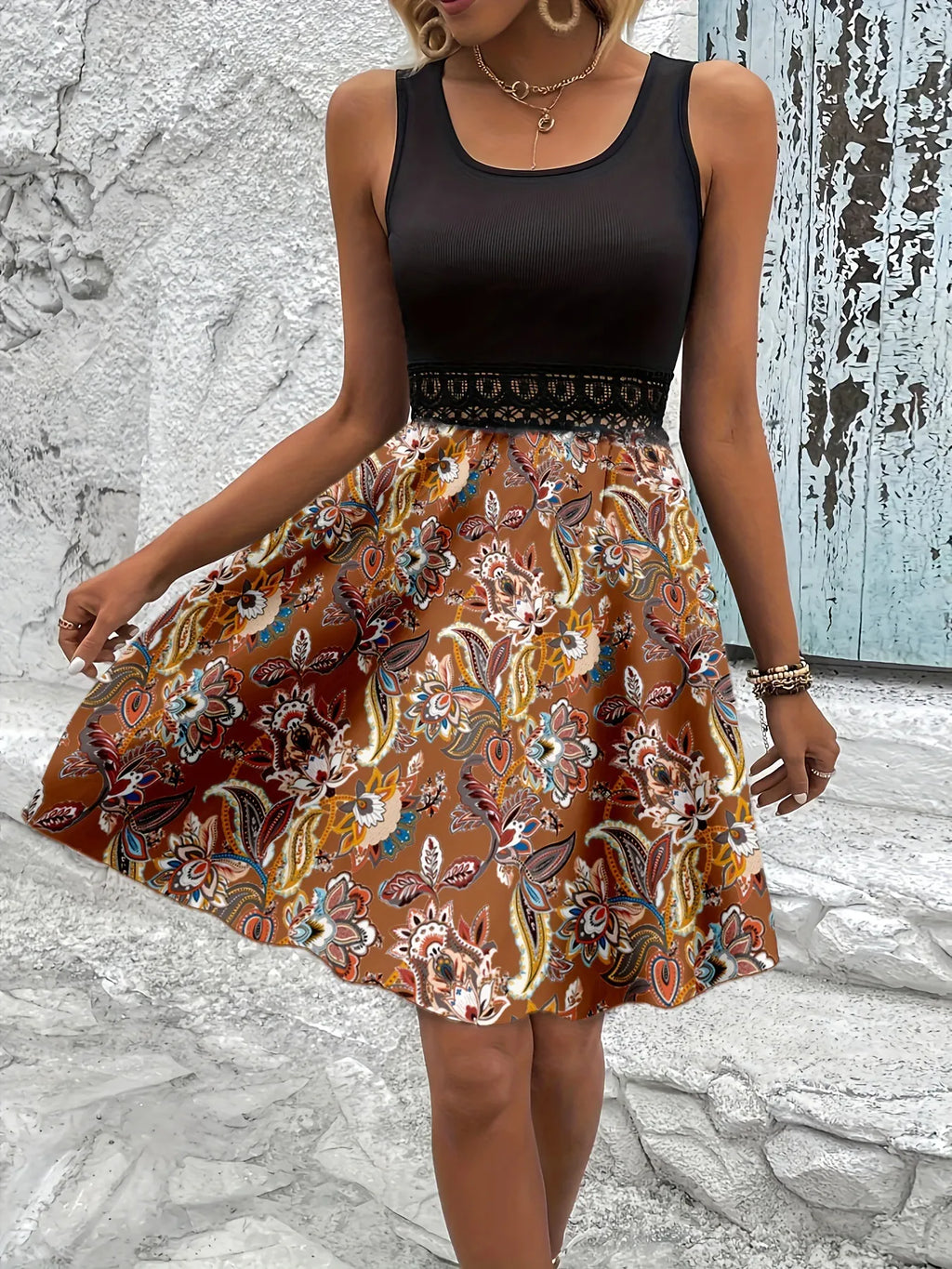 Printed A-Line Tank Dress with Lace Waist Detail