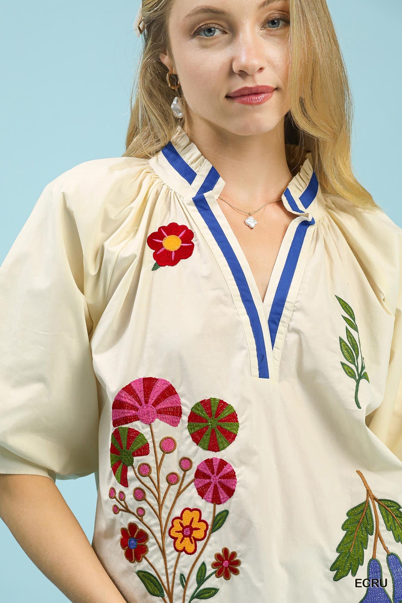 Umgee Embroidered Floral V-Neck Blouse