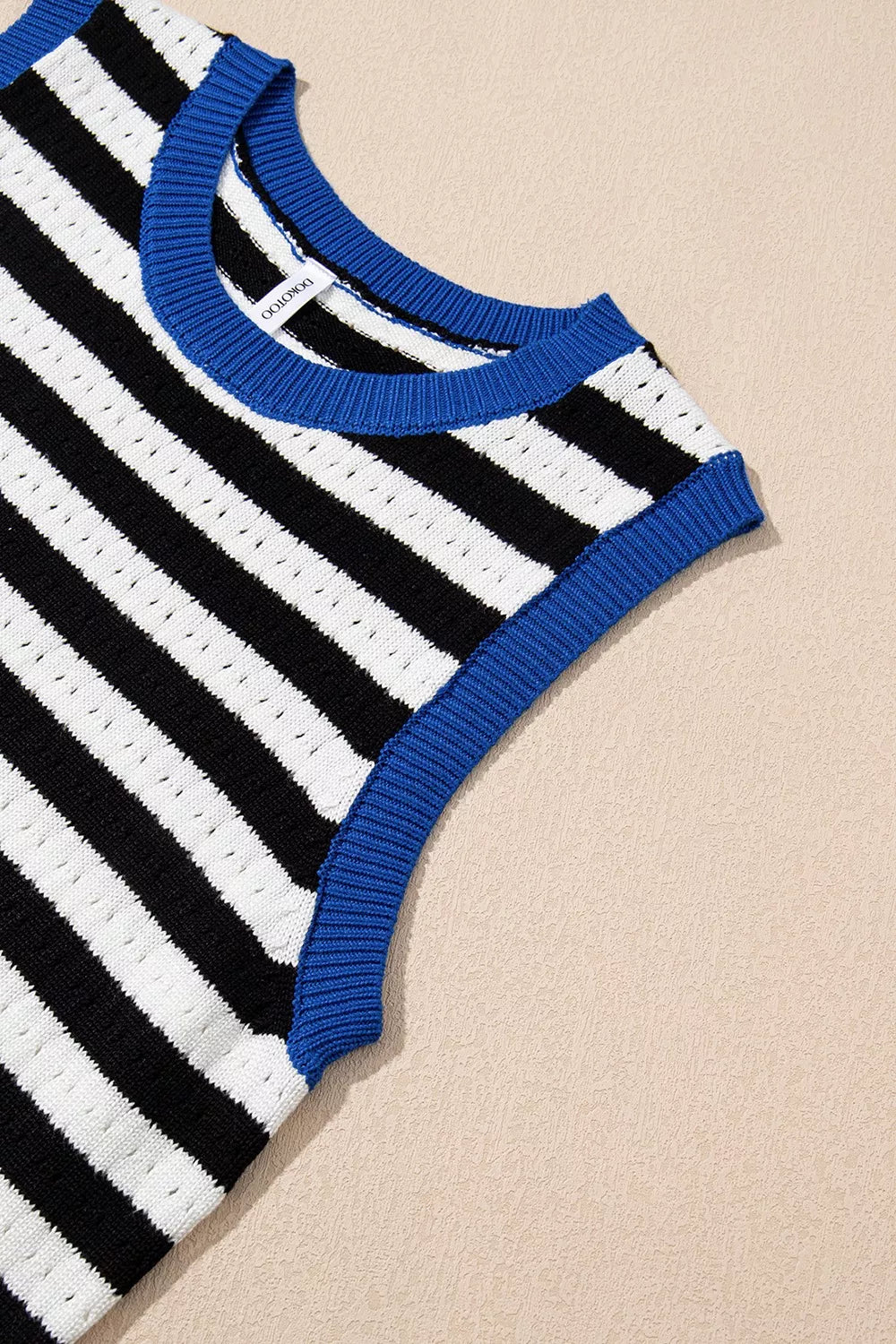 Stripe Pointelle Knit Contrast Trim Sleeveless Sweater Top
