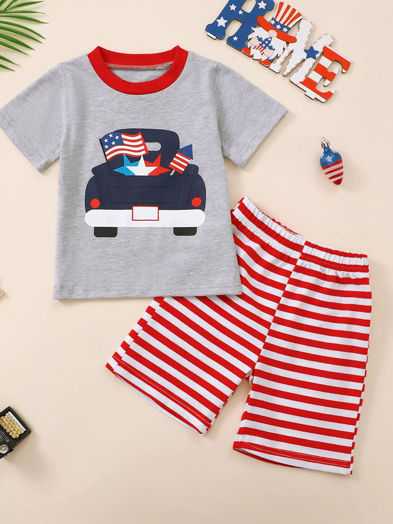 Children's Truck Graphic T-Shirt and Striped Shorts Set