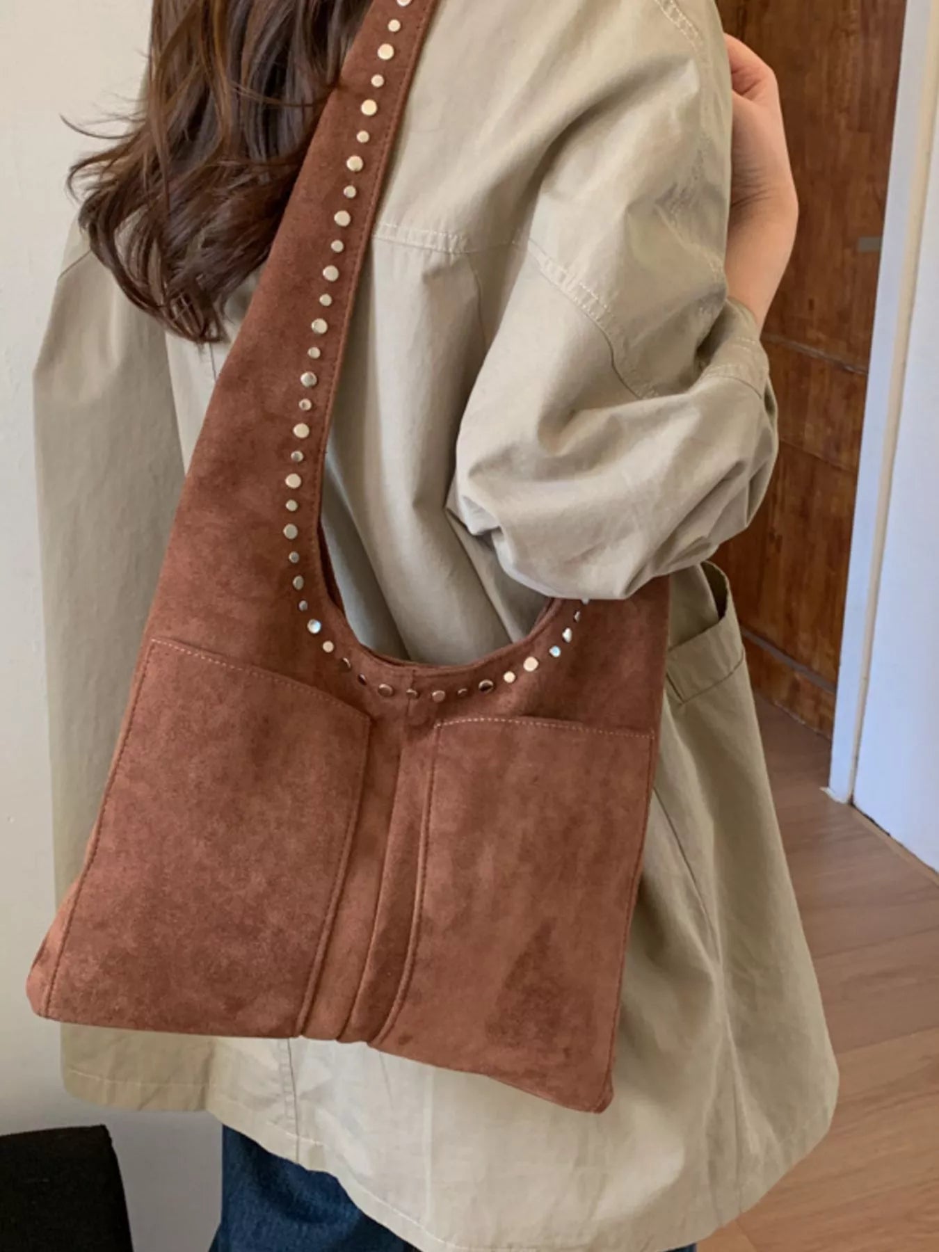 Studded Suede Shoulder Bag
