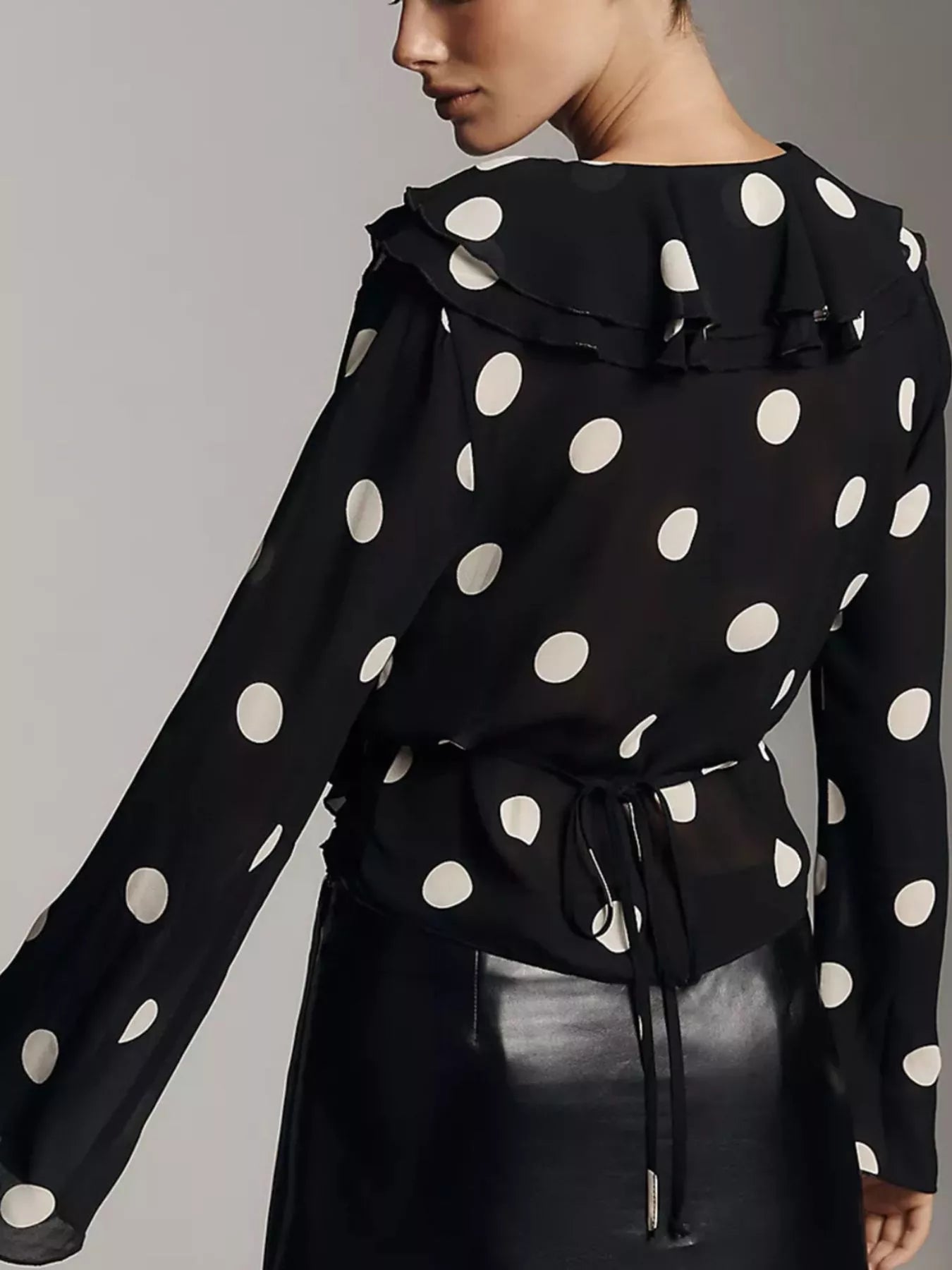 Polka Dot Ruffle V-Neck Blouse