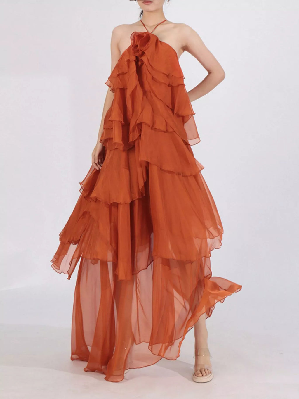 Ruffled Chiffon Halter Neck Maxi Dress