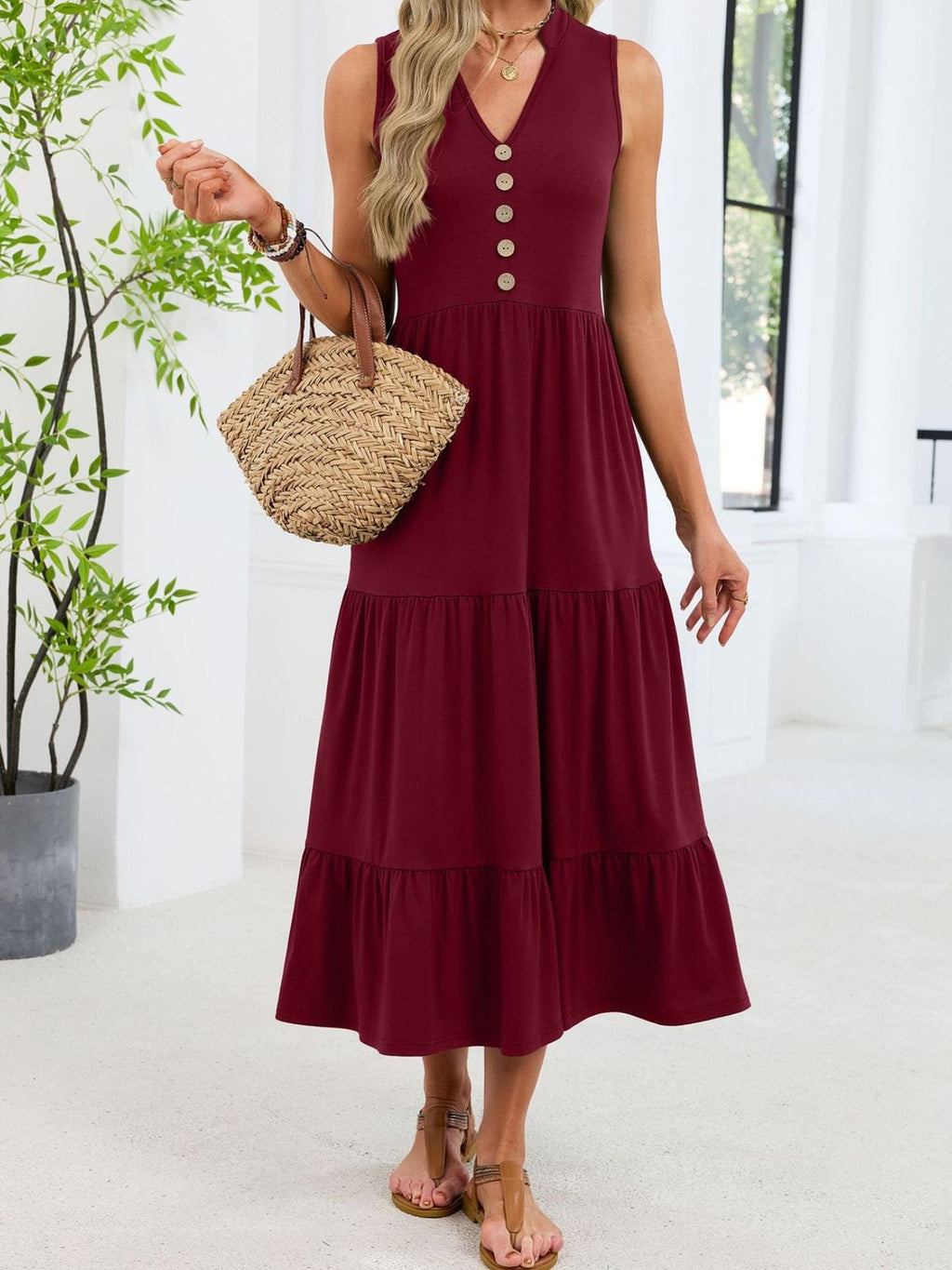 Sleeveless Notched Tiered Midi Dress