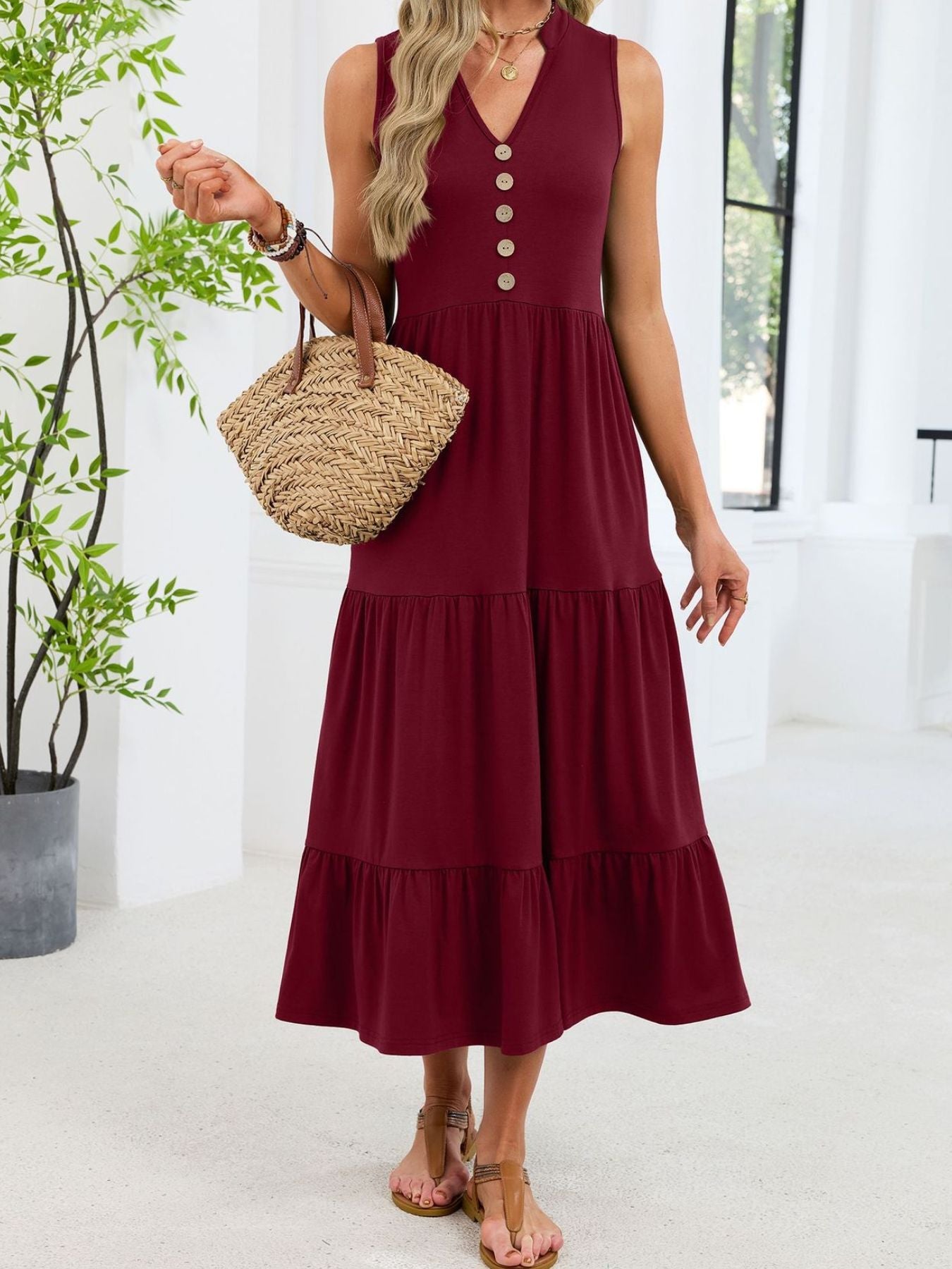 Sleeveless Notched Tiered Midi Dress