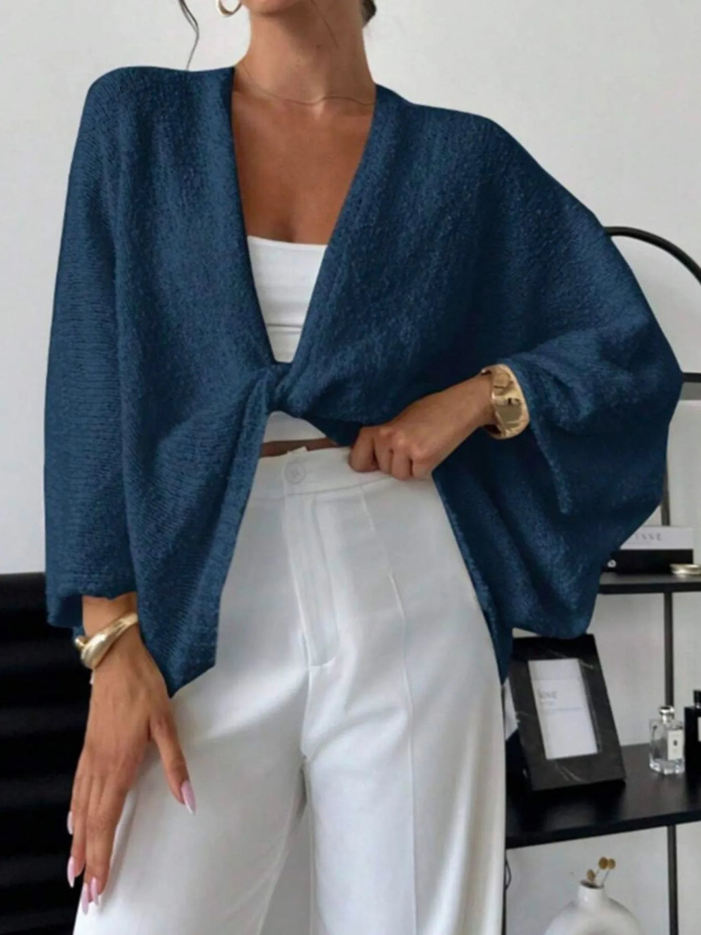 Twist-Front Textured Knit Cardigan