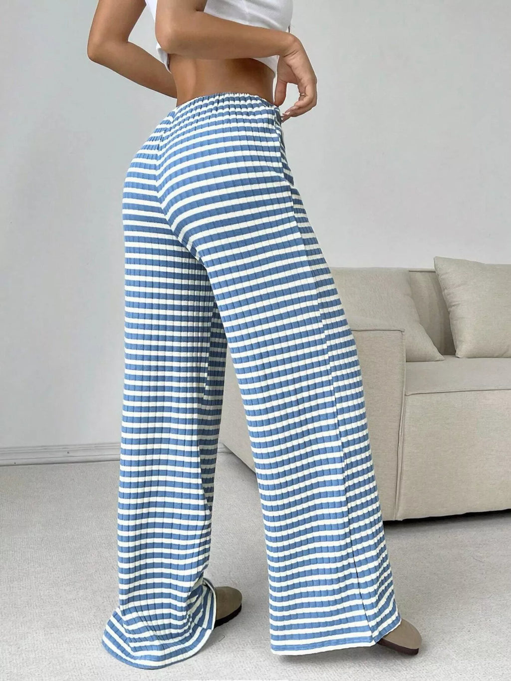 Striped Ribbed Knit Drawstring Waist Wide Leg Pants
