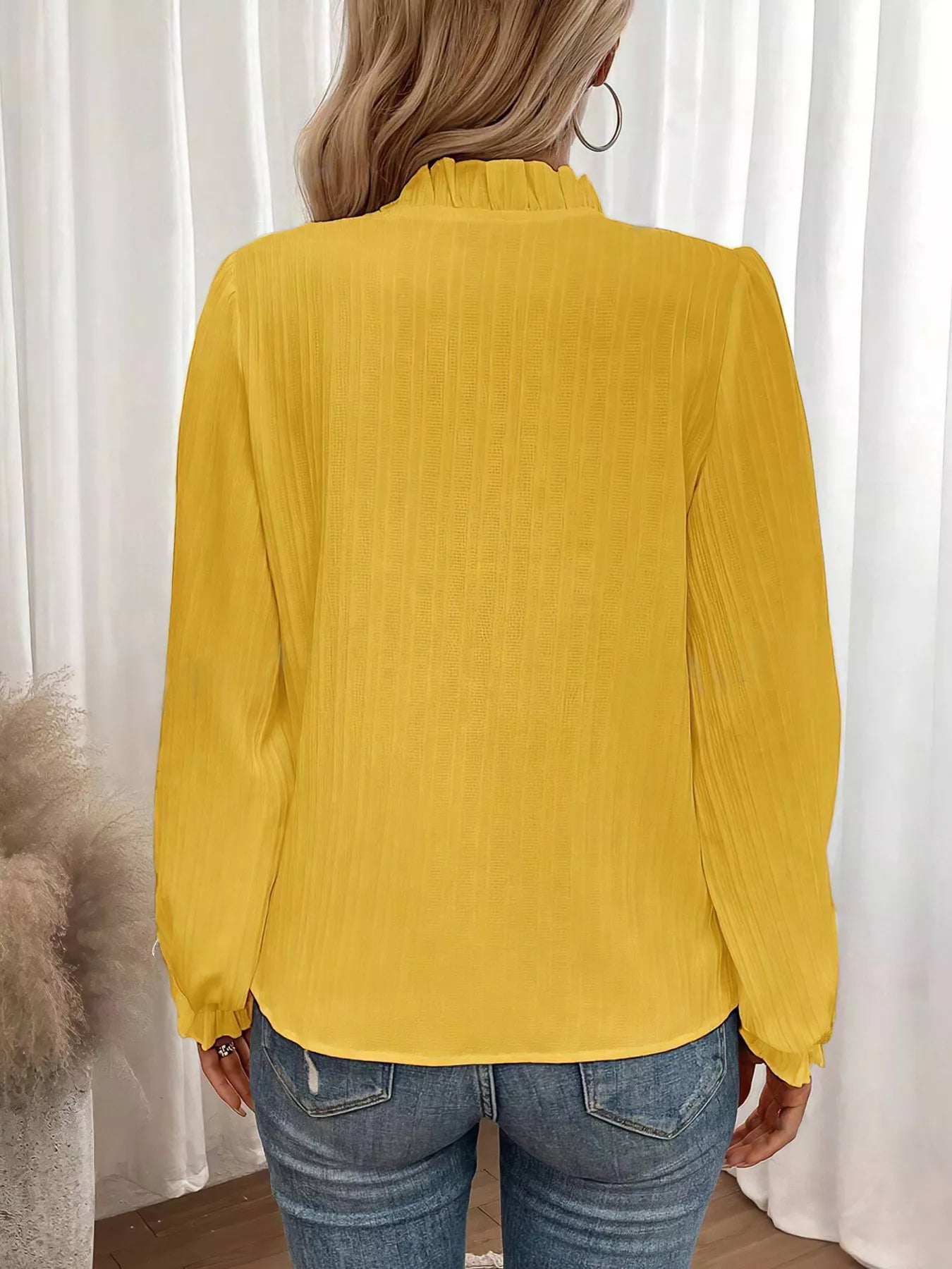 Ruffle Notched Long Sleeve Blouse