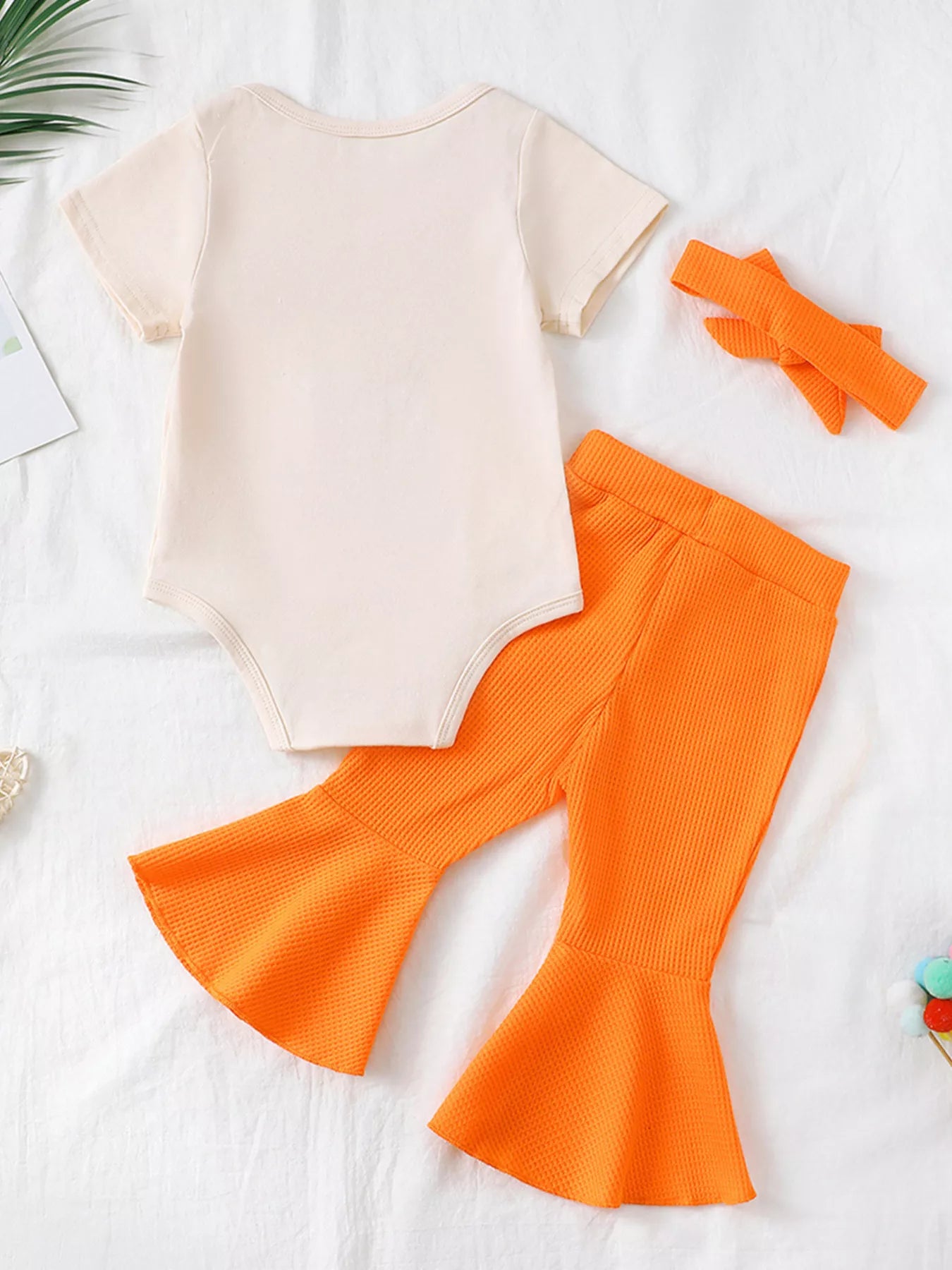 Children's Short Sleeve Bodysuit and Flare Pants Set with Headband