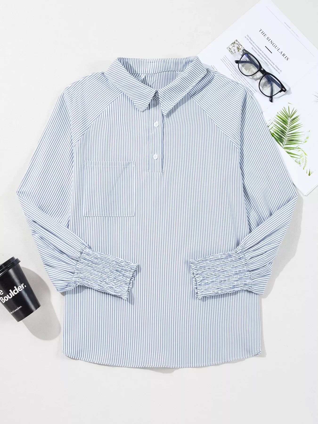 Pinstripe Long Sleeve Smocked Cuffs Button Shirt Collar Blouse