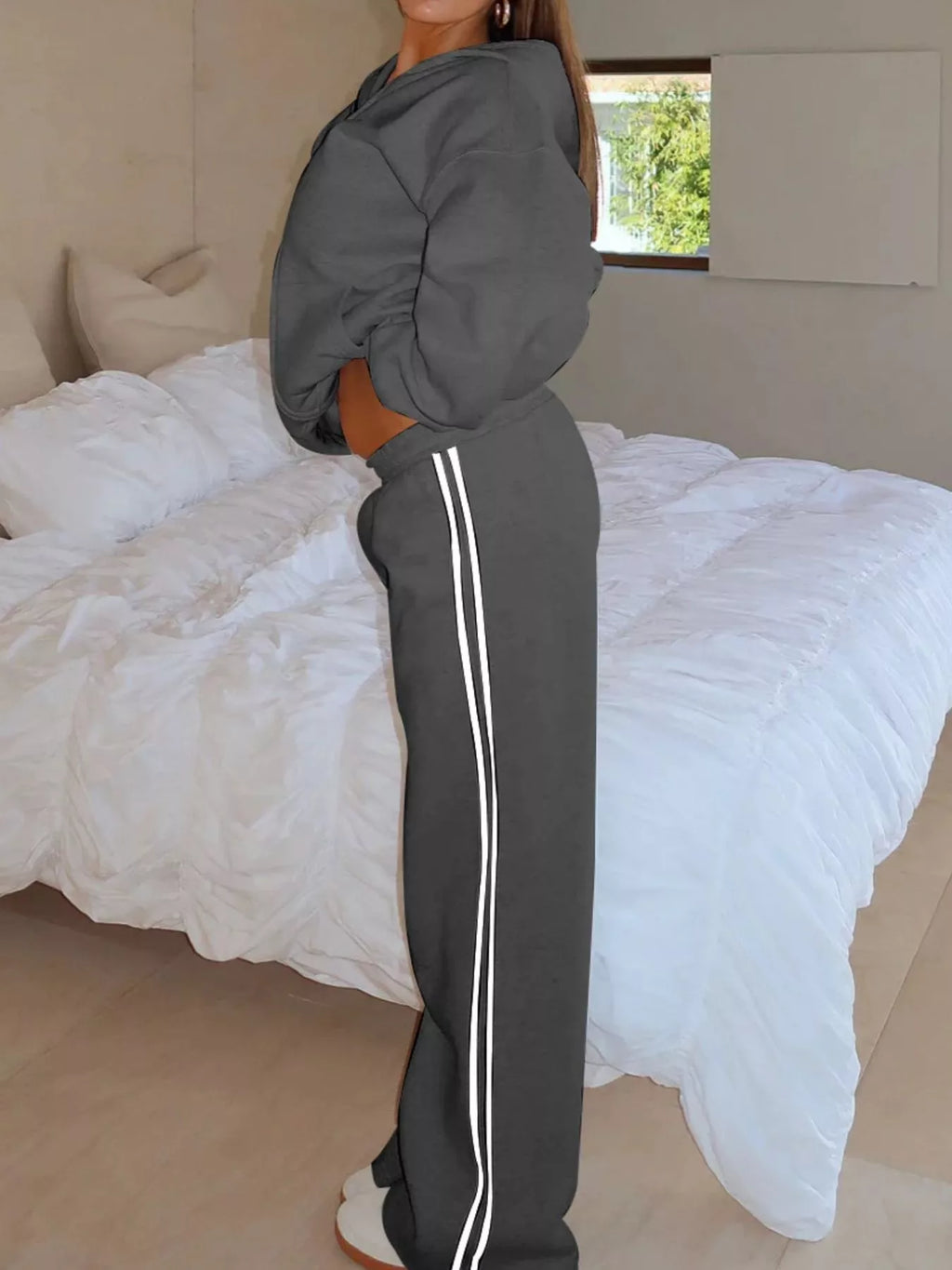Zip Up Hoodie and Striped Pants Set