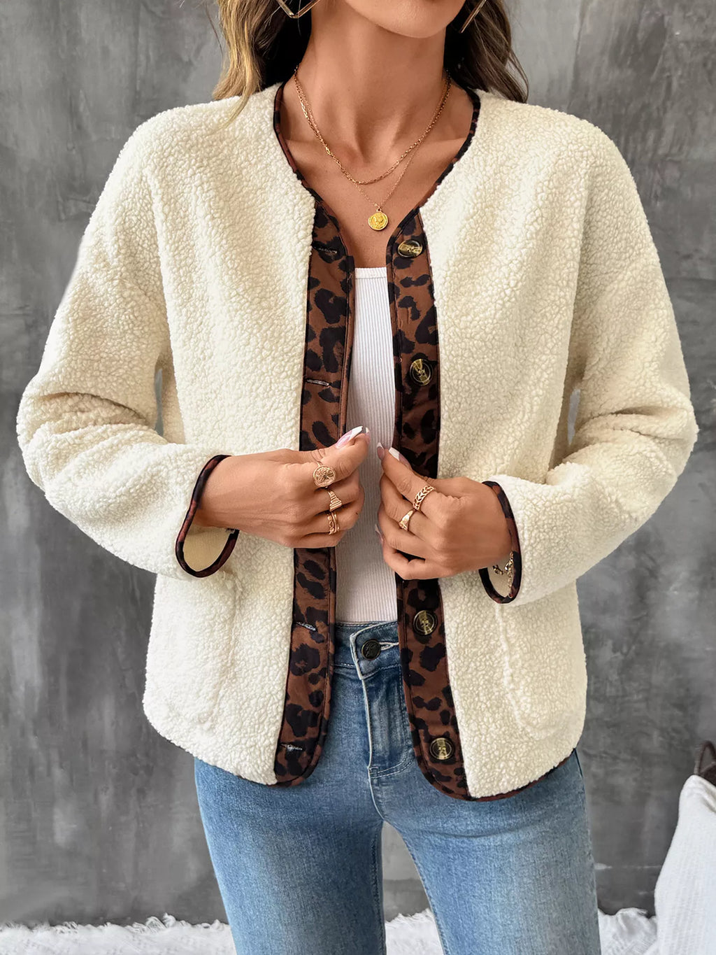 Leopard Trim Button Up Jacket