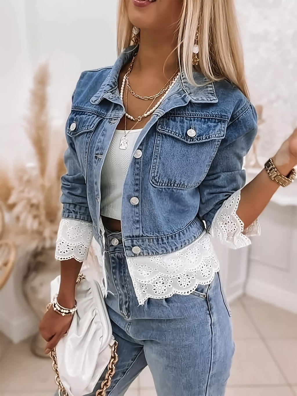 Cropped Denim Jacket with Lace Trim