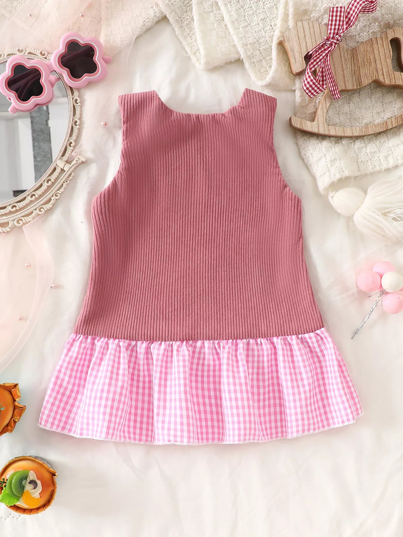 Children's Plaid Hem Corduroy Sleeveless Dress