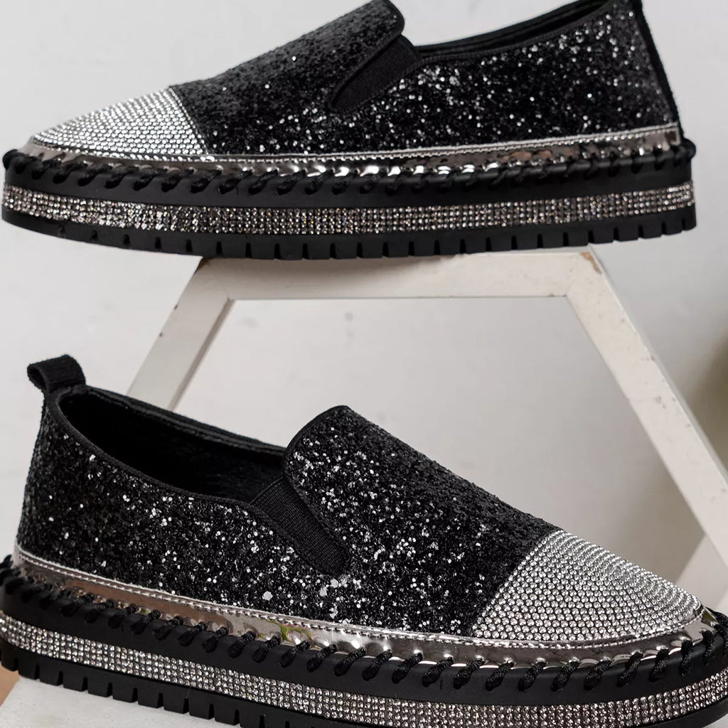 Rhinestone Sequin Round Toe Platform Loafers
