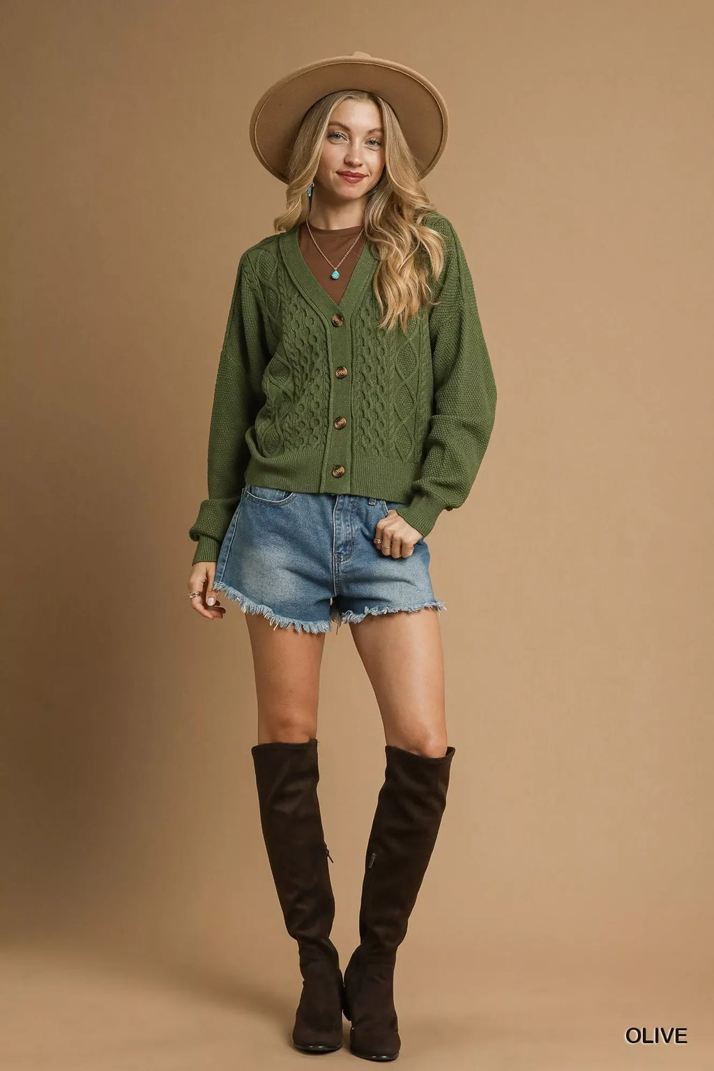 Umgee Chunky Cable Knit V-Neck Button-Up Cardigan