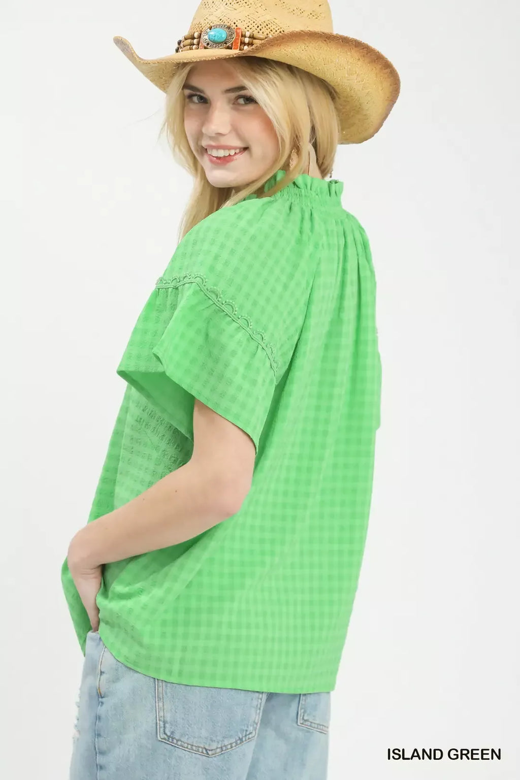 Umgee Gingham Puff Sleeve Top with Lace Trim