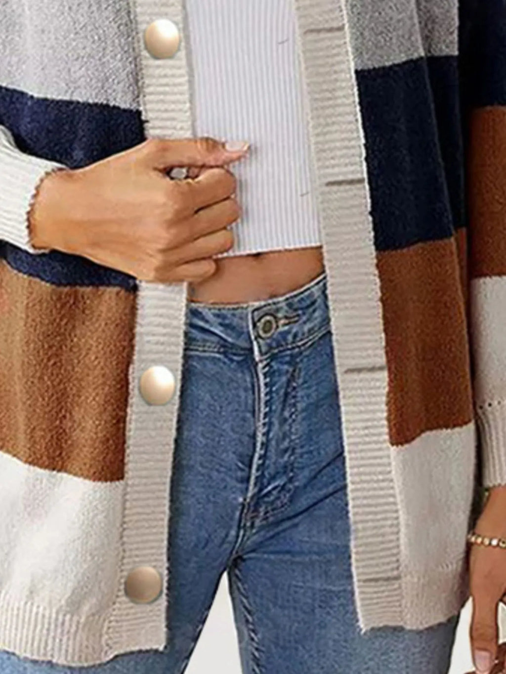 Color Block Button-Up Knit Cardigan