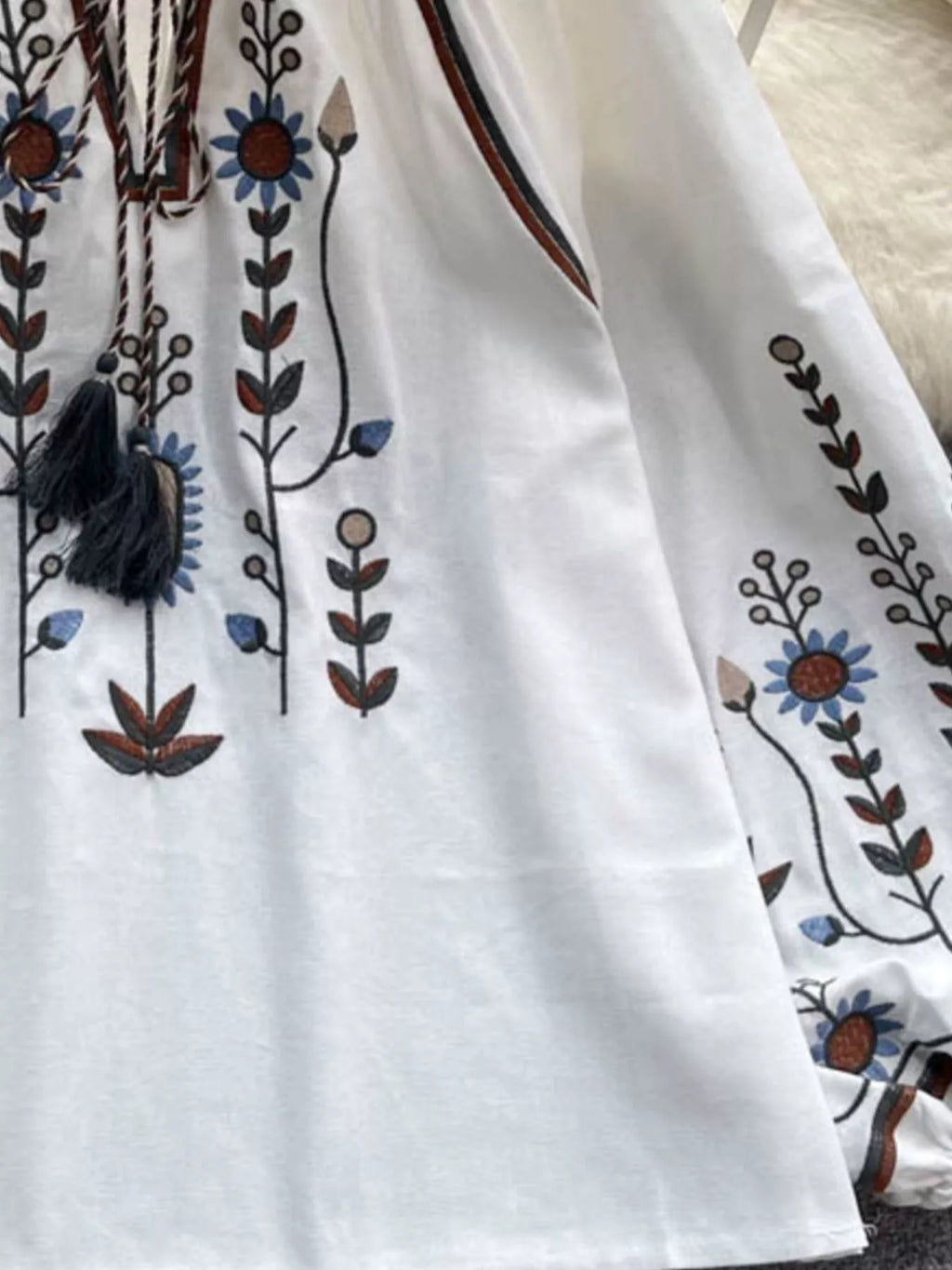 Embroidered Tie Neck Blouse