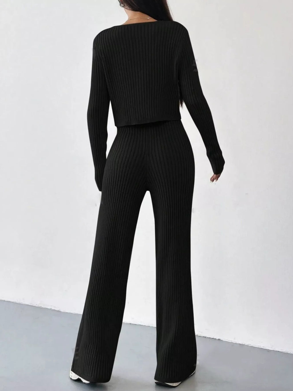 Ribbed Knit Button Up Top and Pants Set