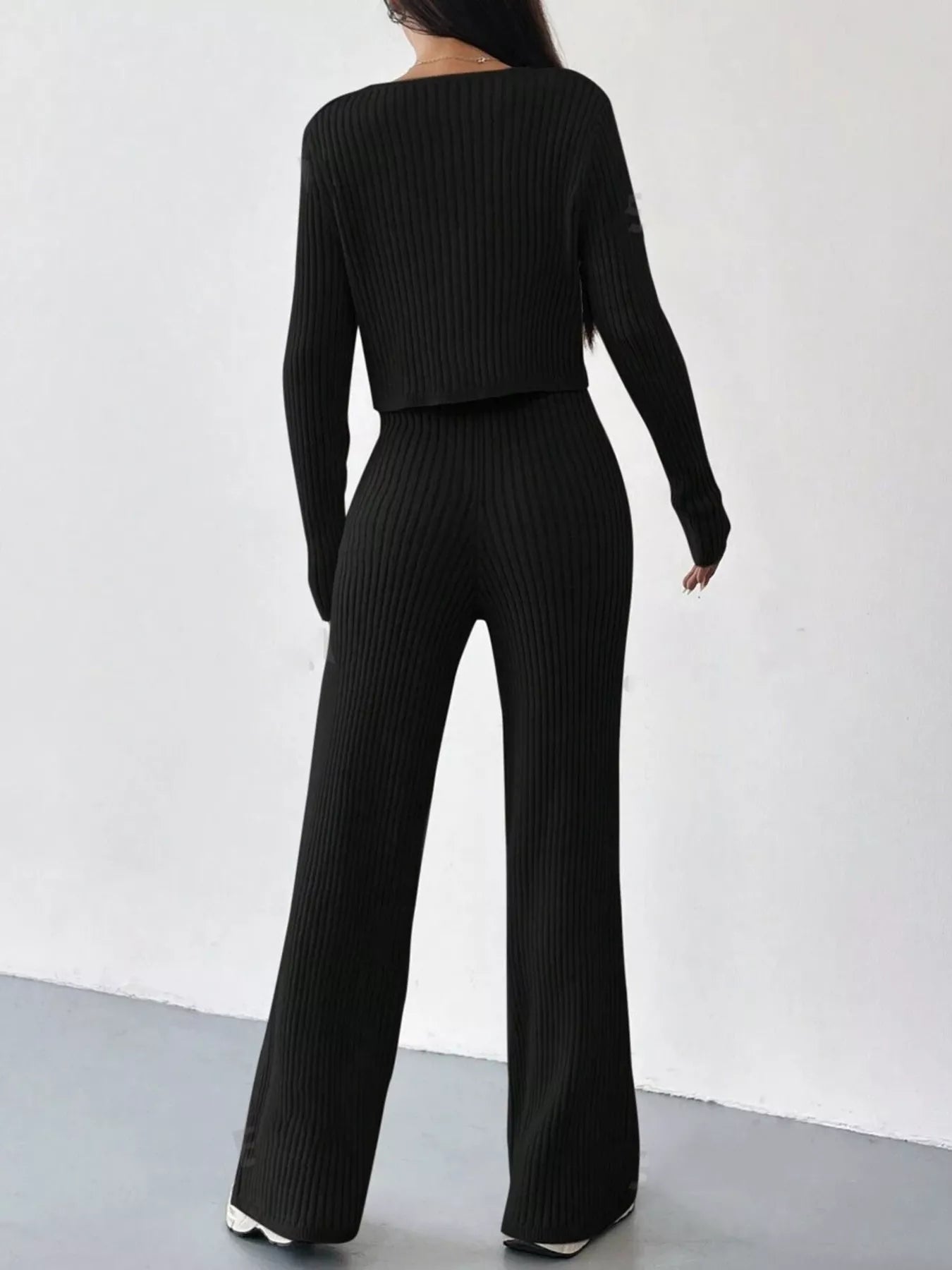 Ribbed Knit Button Up Top and Pants Set