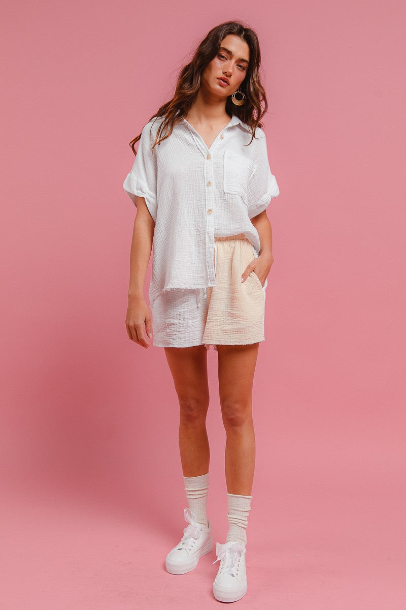 BiBi Wrinkled Gauze Solid Shirts Top and Shorts Set