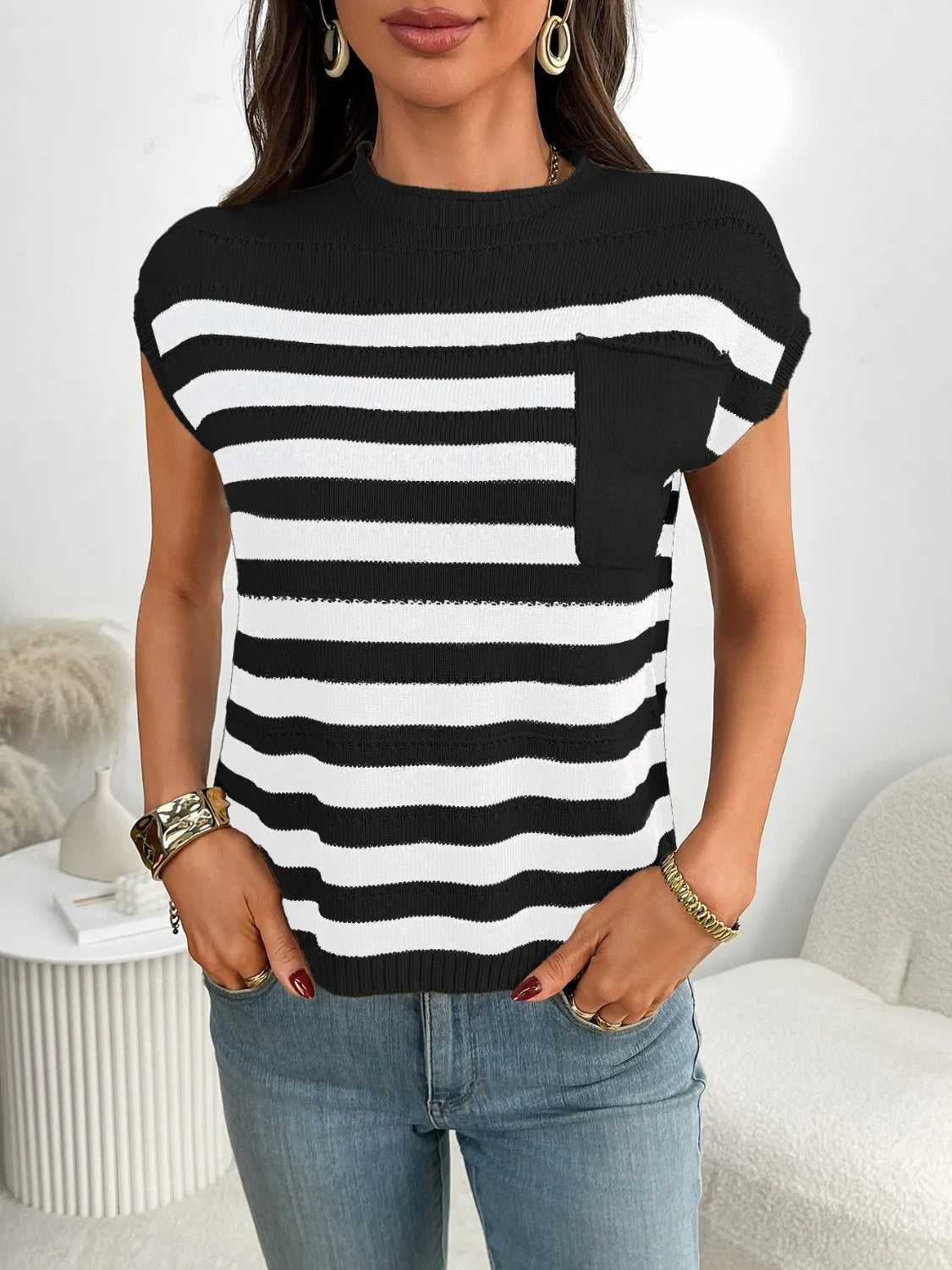 Striped Mock Neck Cap Sleeve Knit Top