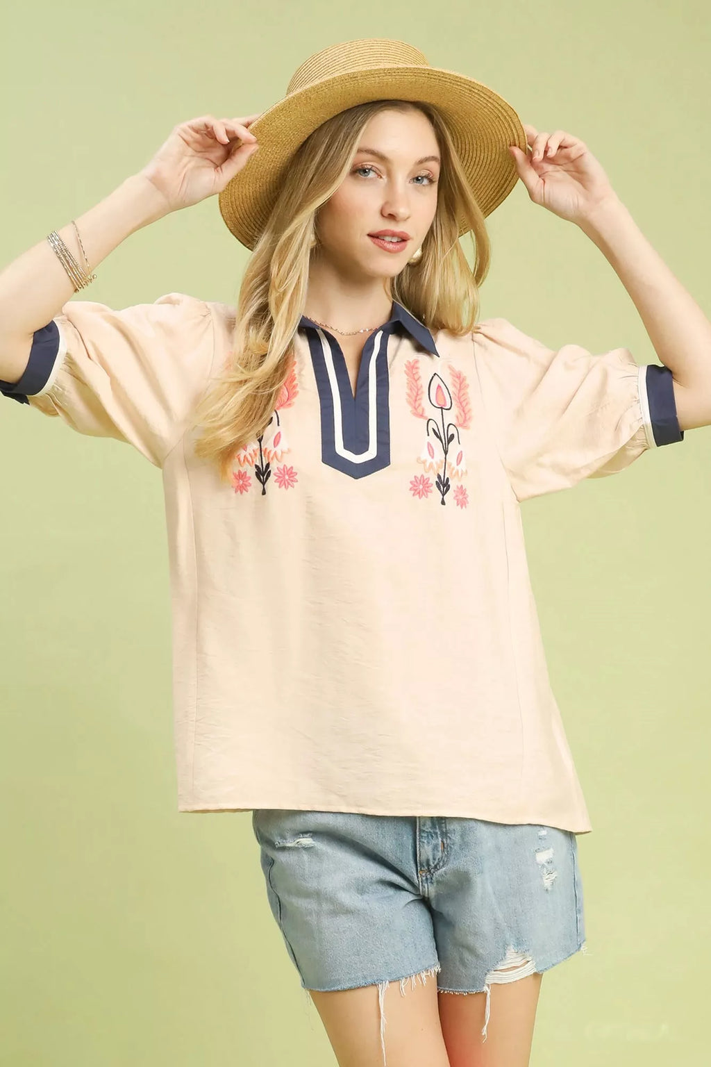 Umgee Embroidered Puff Sleeve Contrast Trim Top
