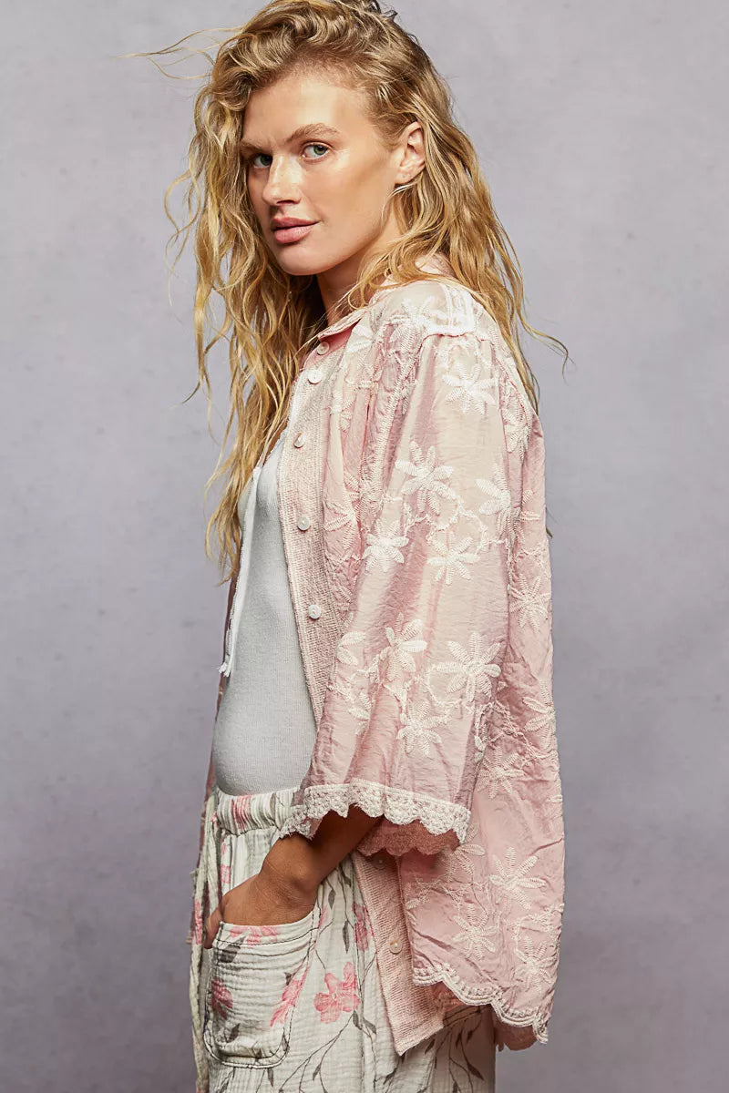 POL Embroidered Floral Collared Neck Shirt with Scalloped Edges