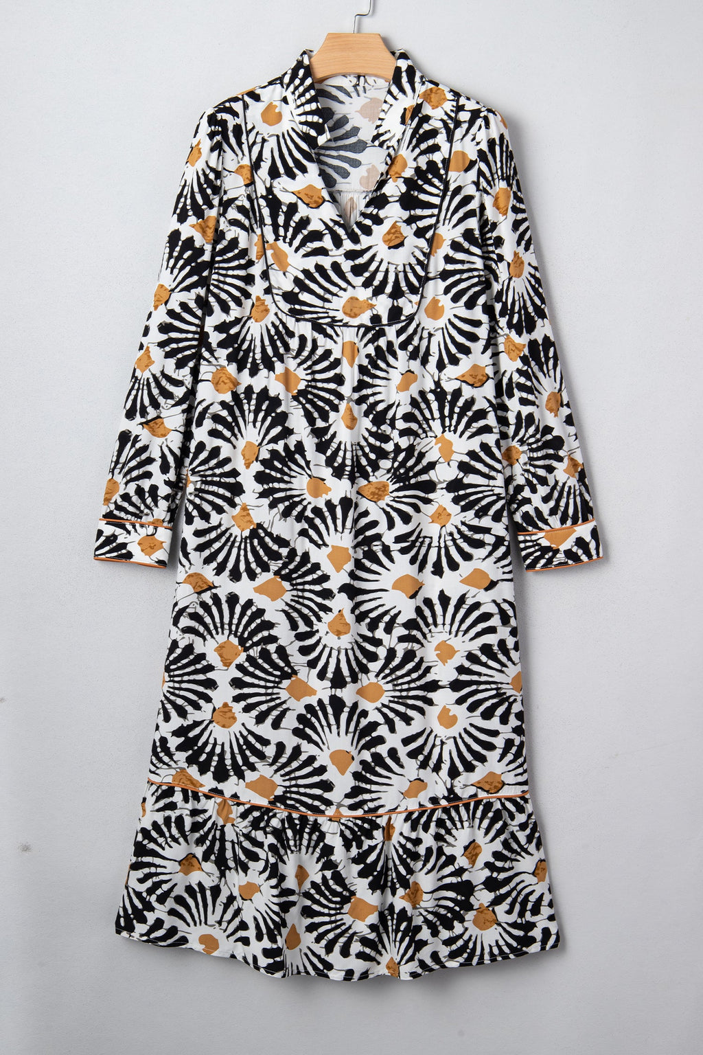 Abstract Floral V-Neck Long Sleeve Maxi Dress