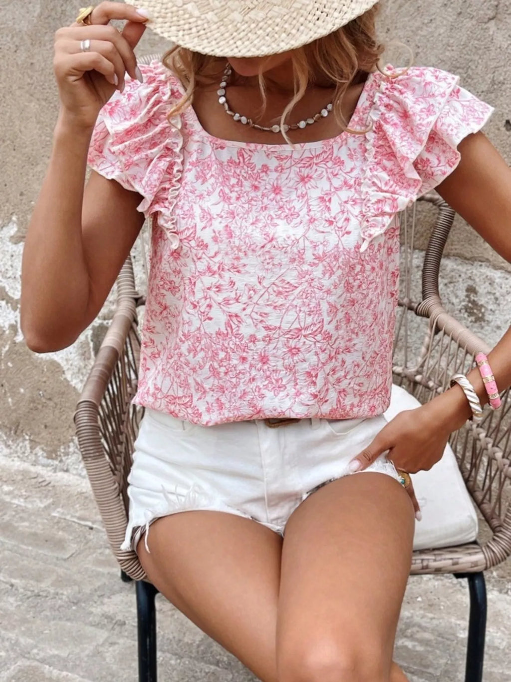 Floral Print Ruffle Trim Blouse