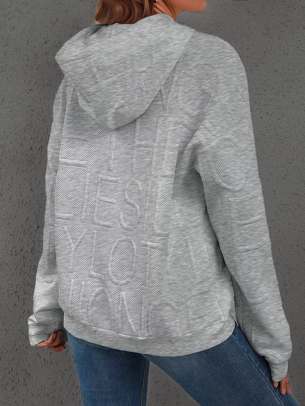 Full Size Textured Embossed Long Sleeve Hoodie Plus Size