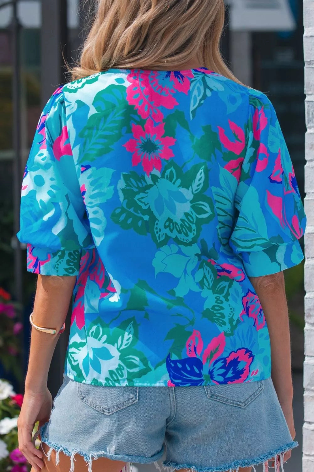 Floral Print V Neck Half Sleeve Blouse