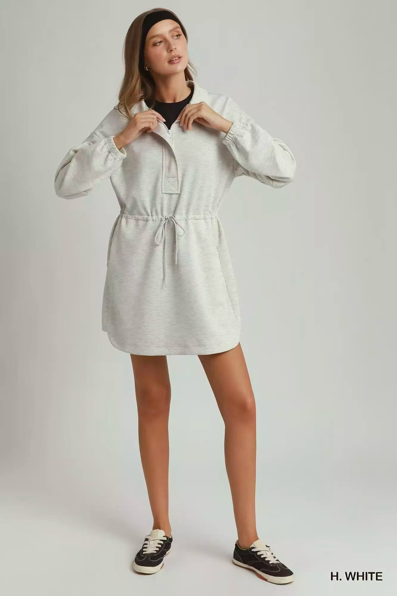 Umgee Half Zip-Up Drawstring Waist Dress