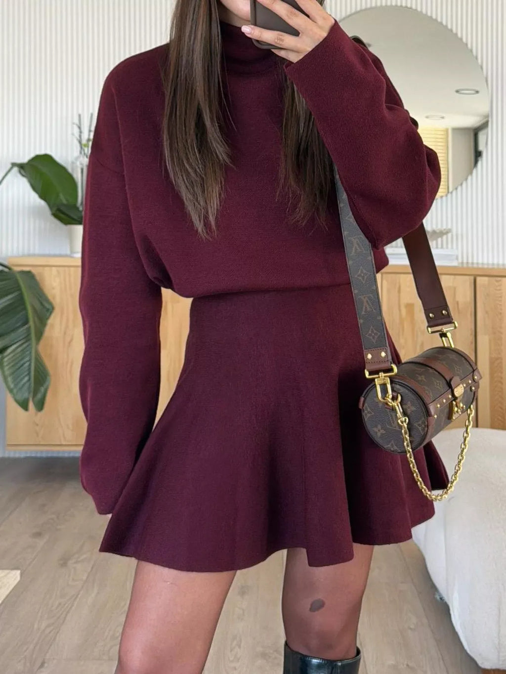 Turtleneck Dropped Shoulder Sweater and Skirt Set