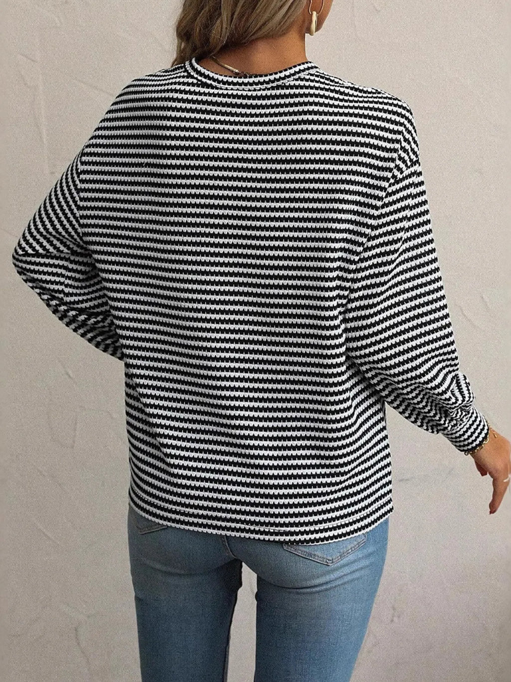 Striped Round Neck Lantern Sleeve Top