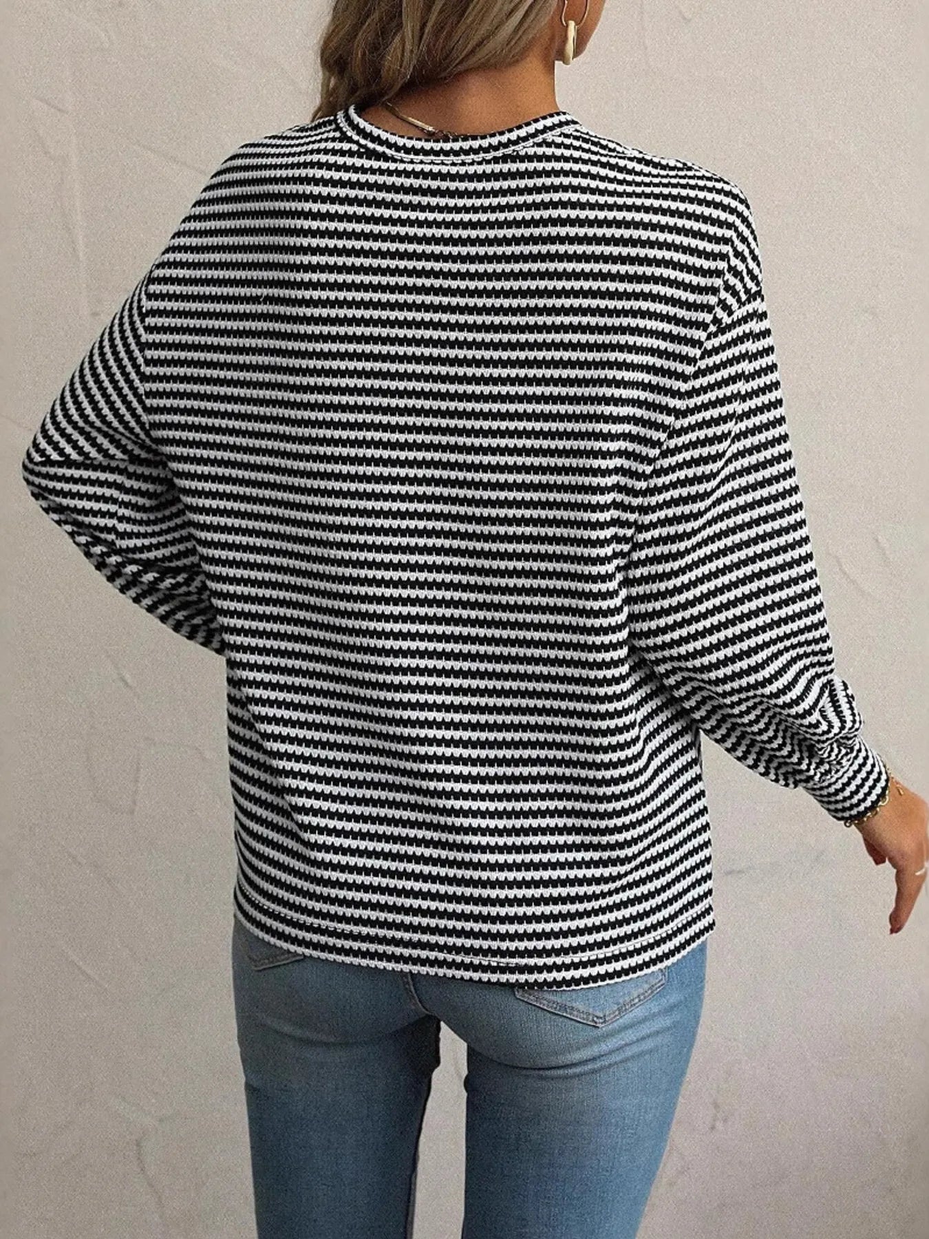 Striped Round Neck Lantern Sleeve Top